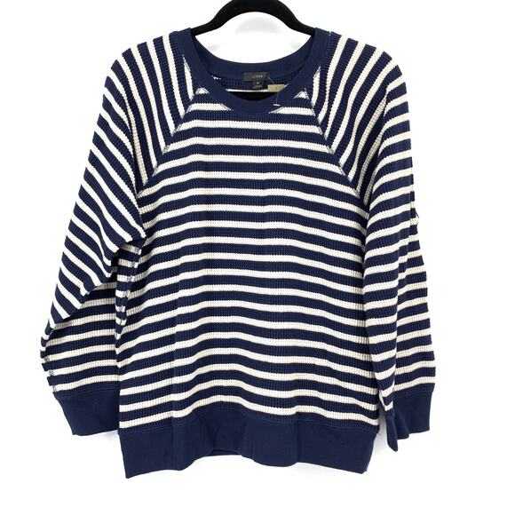 J.Crew Waffle Knit Lounge Set Sweatshirt + Short Womens M Blue Cream Stripe NEW - Picture 9 of 15